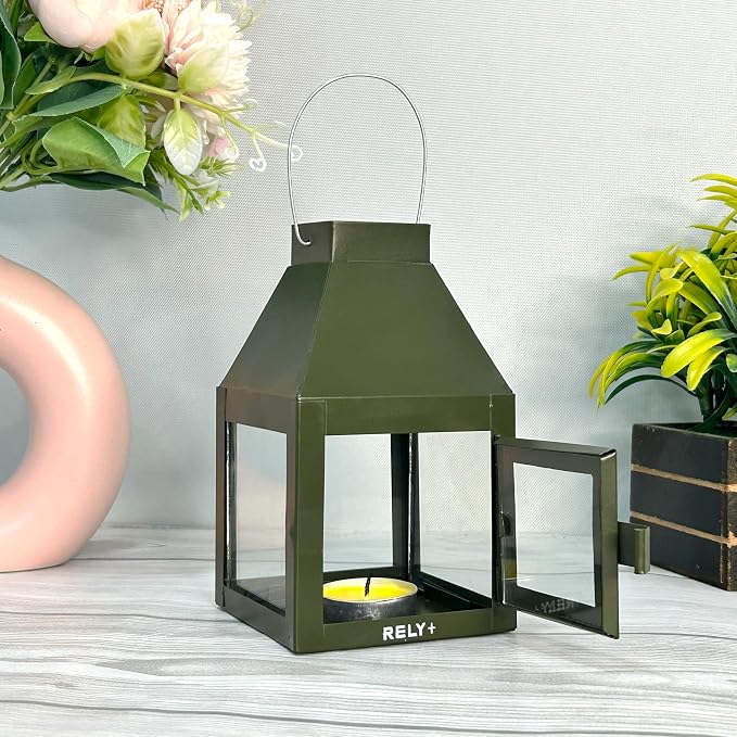 Metal Lantern Candle Holder for Indoor & Outdoor Decor, Hanging Tealight Candle Holders for Wedding, Party, Decorations - Modern Home Decor, 5.5 Inch (Green Color)