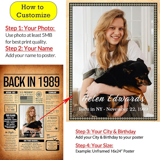 Back in 1989 Poster Sign, Personalized Birthday Gifts Idea, Custom 1989 Historical Birthday Newspaper, Born in 1989 Birthday Party Decorations, Fun Fact for the Day You Were Born, Decor Art Print