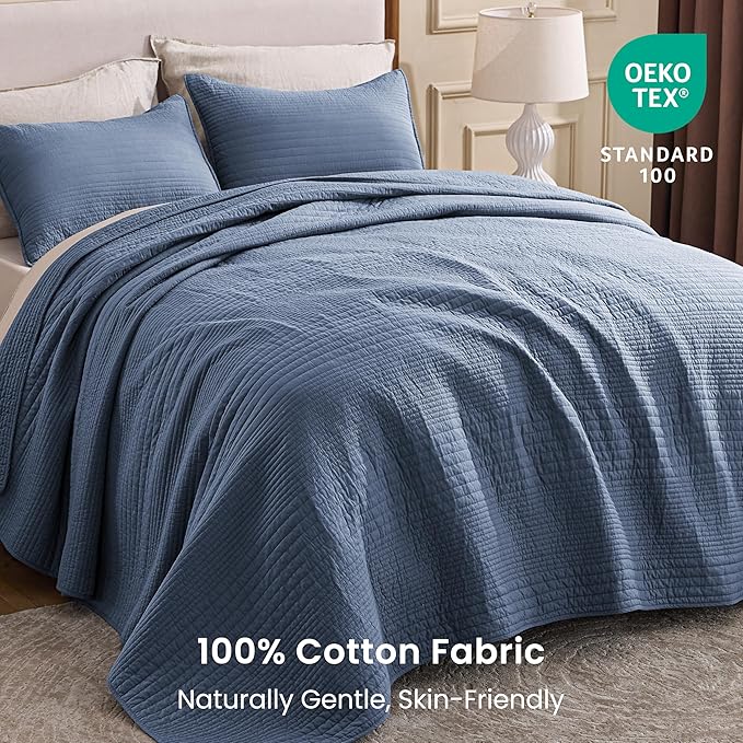 Love's cabin Queen Size Cotton Quilt Set, 100% Cotton Fabric Striped Textured Coverlet with Crinkled Look, Lightweight Quilted Bedspread for All Season, Includes 2 Pillow Shams, Bluish Grey | Lightweight
