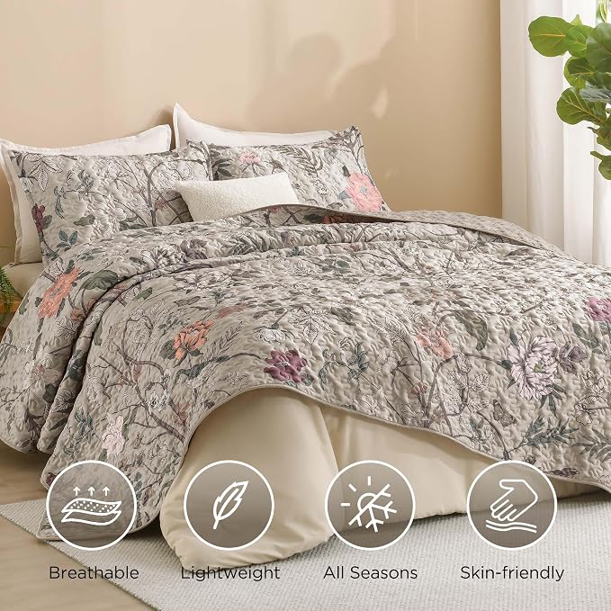 Litanika Floral Oatmeal Quilt Queen - 3Pcs Botanical Birds Bedding Set | Bedspread Summer Lightweight Soft Coverlet with Orange Flower for All Seasons (96"x90")