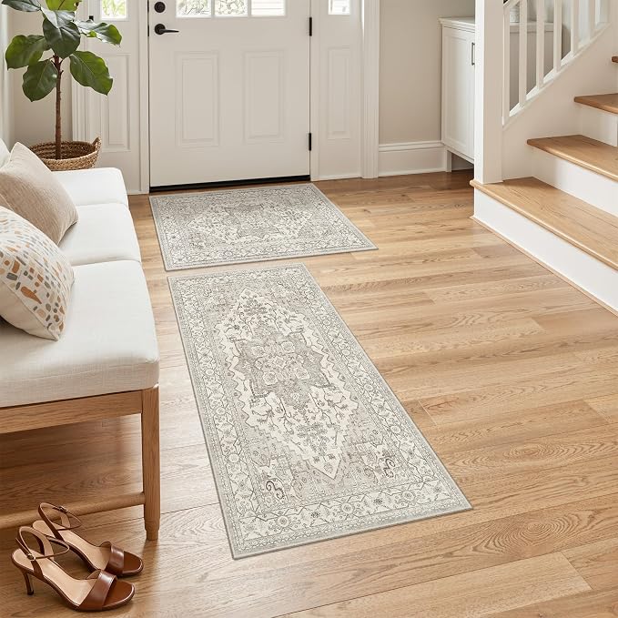 Madane 2-Piece Area Rugs Set, Small Kitchen Runner Non-Slip, Beige/Brown | Rug Runners Vintage Door Mat Indoor Entrance, Low Pile Floor Carpet for Inside Front Bedroom Entryway Entry Laundry 2x3+2x4