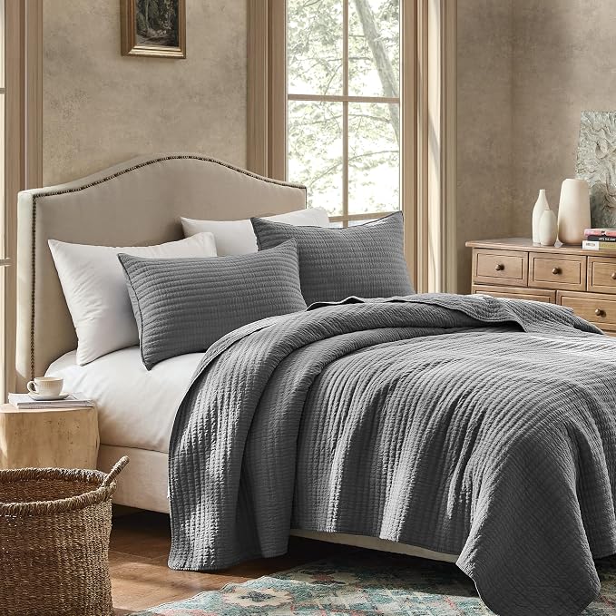 WDCOZY 100% Cotton Queen Size Quilt Set - Grey Striped Pick Stitch Soft Lightweight Bedspread, Textured Like Linen, Farmhouse Country Rustic Coverlet, Shabby Chic Gauze Bedding, 3 Pieces