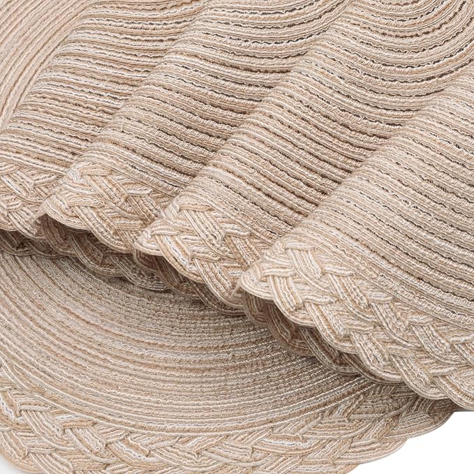 SHACOS Round Placemats Set of 4 Boho Braided Border 15 inch Circle Place Mats Washable Fabric Table Mats for Kitchen Dining Table, Beige (Pack of 2)