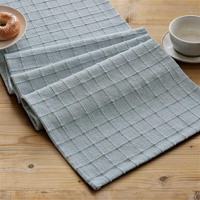 ZeeMart Artisanal Grid Linen Table Runner, 13x36 Inches Chambray | Heavy Textured, Durable Thick Fabric, Farmhouse Handwoven Feel Linen Runner, Easy Care Table Decor for Kitchen Dining Room