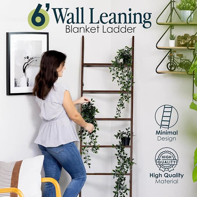Blanket Ladder for the Living Room and Bedroom, Quilt Rack, Rustic Hickory | 5ft 8 inch, 6-Tier Wall Leaning Blanket Holder, Laminate Snag Free, Rustic Decorative Farmhouse Ladder Shelf for Blankets