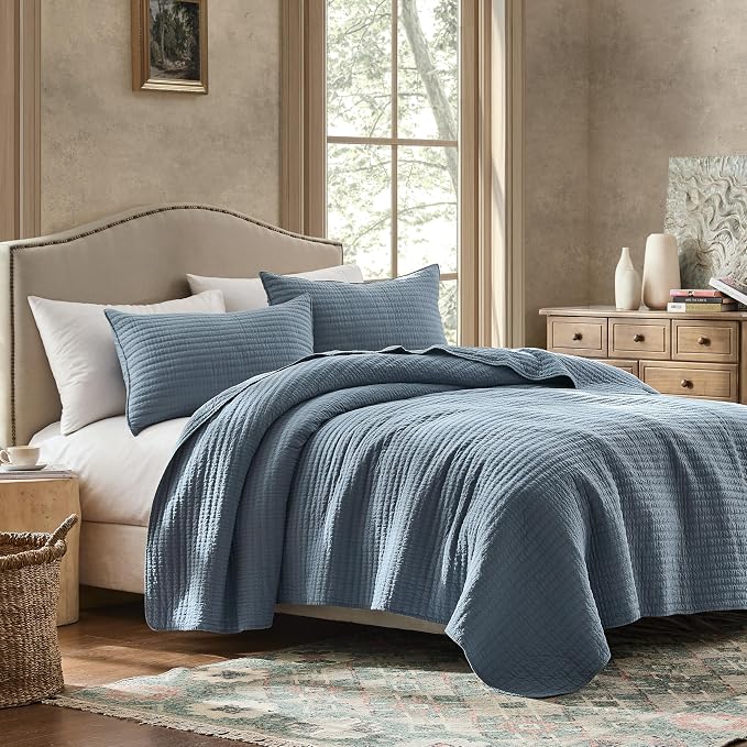 WDCOZY 100% Cotton King Size Quilt Set - Blue Striped Pick Stitch Soft Lightweight Bedspread, Textured Like Linen, Farmhouse Country Rustic Coverlet, Shabby Chic Gauze Bedding, 3 Pieces