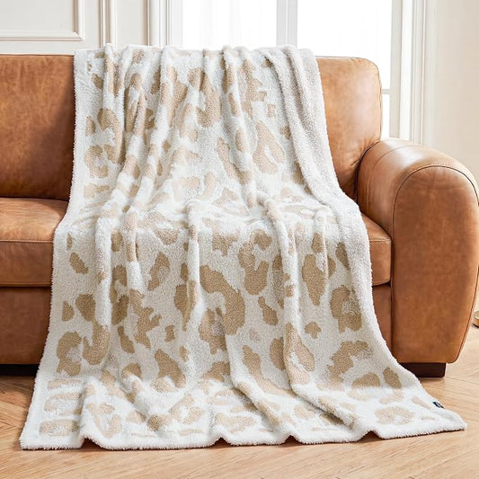 Knit Throw Blanket for Couch, Soft Cozy Fluffy Knitted Blanket for Sofa, Bed, Gift for Women Girls Home Decor (Leopard-Beige, Twin 60"x80")