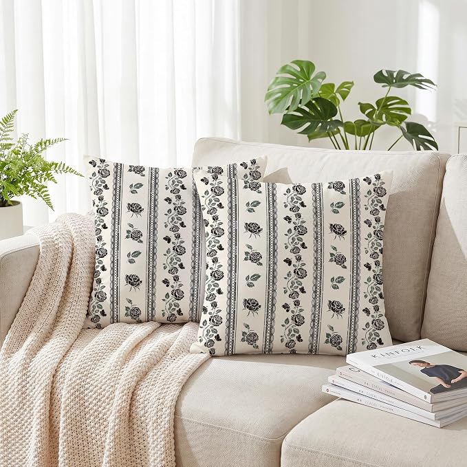 Hexagram Vintage Throw Pillow Covers 18x18, Floral Black Pillow Covers | Black, Set of 2, Boho Farmhouse Neutral Decorative for Couch Pillows, Home Decor, Bedroom, Living Room, No Insert