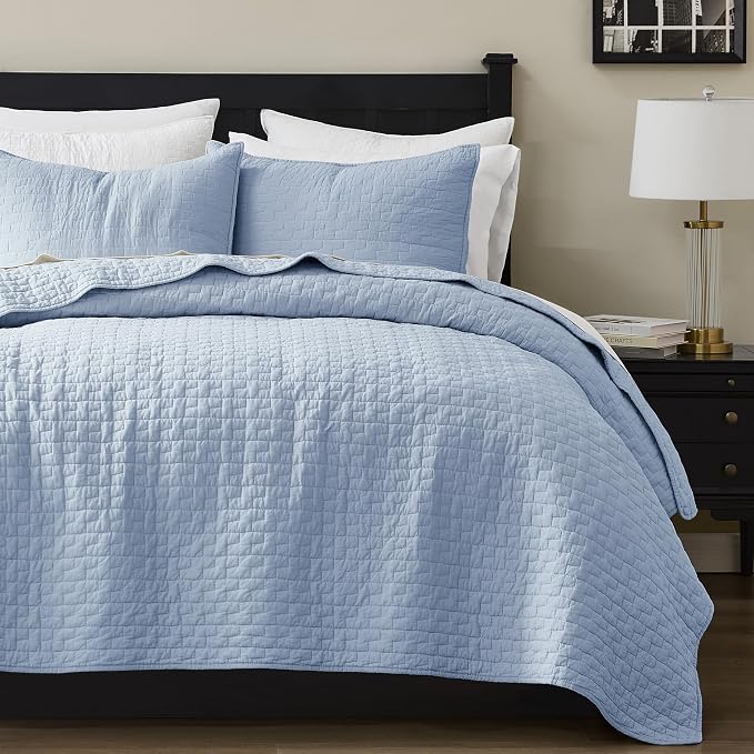 palassio Baby Blue 100% Cotton Quilt Twin Size Bedding Sets with 1 Pillow Sham, Textured Lightweight Soft Bedspread Shabby Chic Coverlet, Neutral Quilted Comforter Bed Cover for All Season, 2 Pieces