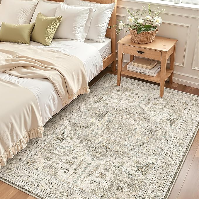 Madane Area Rug 4x6 Washable Rugs Vintage for Living Room, Ivory/Brown | Ultra-Thin Stain Resistant Vintage Large 4'X6' Carpet, Low-Pile Floor Mat For Bedroom Dining Room Office Home Decor