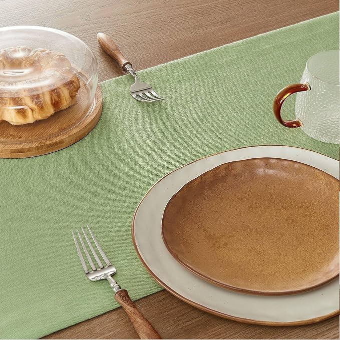 ZeeMart Linen Textured Border Table Runner, 14 x 60 Inch Green | Mitered Corner Design, Medium Weight Fabric, Modern Farmhouse Style, Machine Washable Easy Care Everyday Table Scarf
