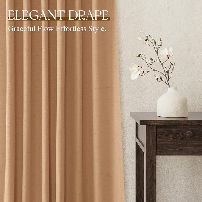 Jowels Camel Linen Curtains 84 Inch Long 2 Panels for Living Room | Light Filtering Semi Sheer Curtain, Back Tab Pocket Pleated Look, Boho Farmhouse Textured Privacy Drapes for Bedroom Window