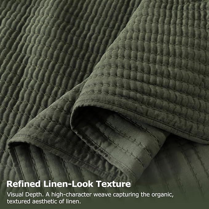 WDCOZY Olive Green Twin Size Pick Stitch Quilt Set, 2 Pieces 68x90 inches | Striped Lightweight Bedspread, Channel Farmhouse Coverlet, All Season Bedding Comforter, Textured Linen-Like, 1 Pillow Sham