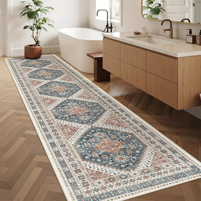 Madane Hallway Runner Rug 2'6''x12' Kitchen Runners Vintage, Navy Blue | Non-Slip Washable Rugs 12ft for Laundry Room, Entryway and Bedroom, Soft Low Pile Stain-Resistant Wide 2.5x12 Ft Floor Carpet