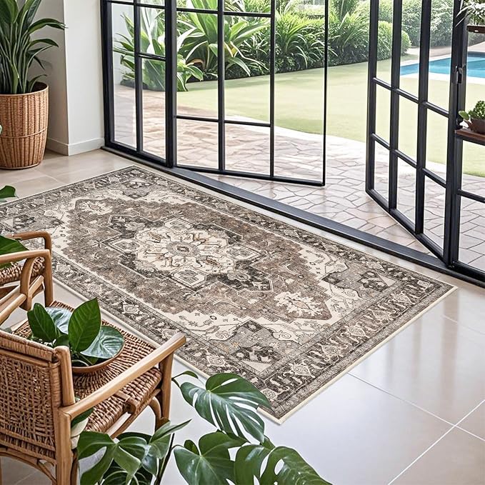 Washable 4x8 Hallway Runner Rug: Low Pile Soft Kitchen Rugs Wide Vintage Stain Resistant Carpet with Non-Slip Rubber Backing Thin Indoor Entryway Floor Decor Mat for Living Room Bedroom (Beige,4x8)
