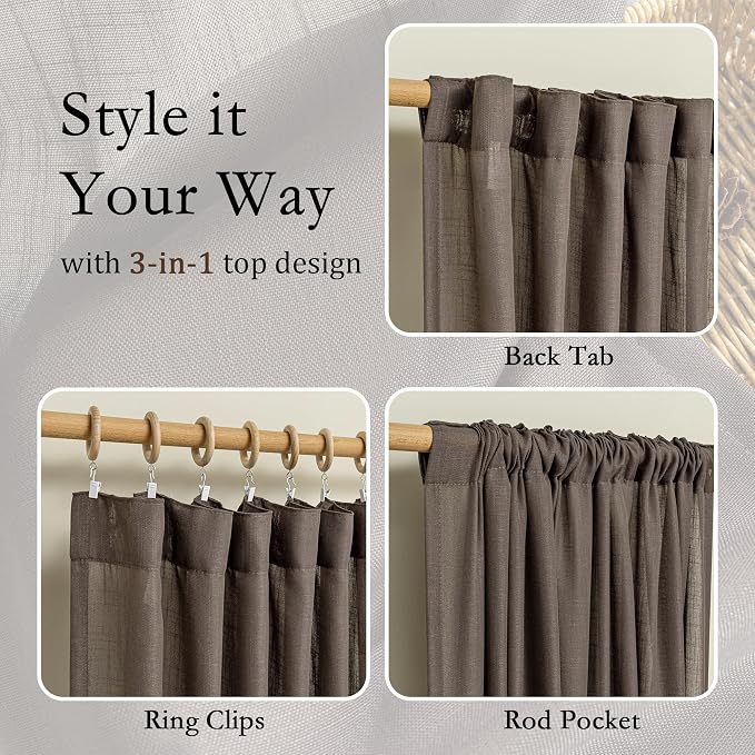MYSKY HOME Dark Brown Curtains 96 Inches Long for Living Room Sliding Glass Door Semi Sheer Drapes Light Filtering Window Treatments Soft Farmhouse Style Privacy Protect Back Tab, 50" x 96", 2 Panels