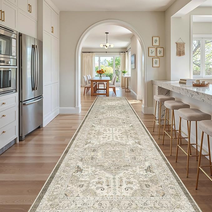 Madane Hallway Runner Rug 3x16 Washable Kitchen Runners Long, Ivory/Brown | Vintage Non-Slip Wide Area Rugs 16ft for Entryway, Low-Pile Farmhouse Indoor Floor Carpet for Living Room Bedroom