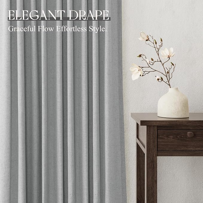 Jowels Grey Linen Curtains 90 Inch Long 2 Panels for Living Room | Gray Light Filtering Sheer Curtain, Back Tab Pocket Pleated Look, Boho Farmhouse Textured Privacy Drapes for Bedroom Window
