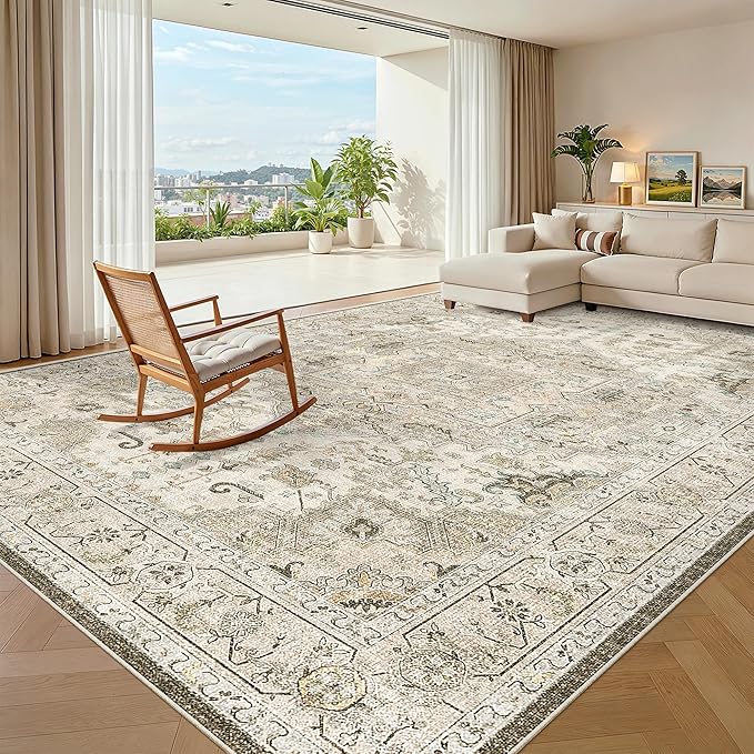 Madane 8x10 Area Rugs for Living Room, Non-Slip Washable Rug, Ivory/Brown | Ultra-Thin Stain Resistant Vintage Large 8'X10' Carpet, Low-Pile Floor Mat For Bedroom Dining Room Office Home Decor