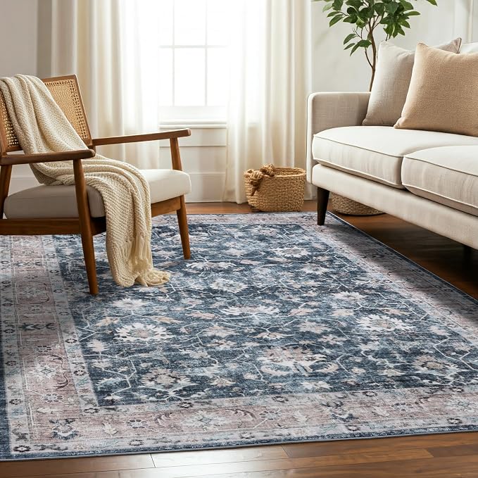 Machine Washable Area Rug, Soft & Durable, Non-Slip, Stain Resistant Rug for Bedroom, Living & Dining Room, High Traffic Areas (Indigo Bloom, 9' X 12')