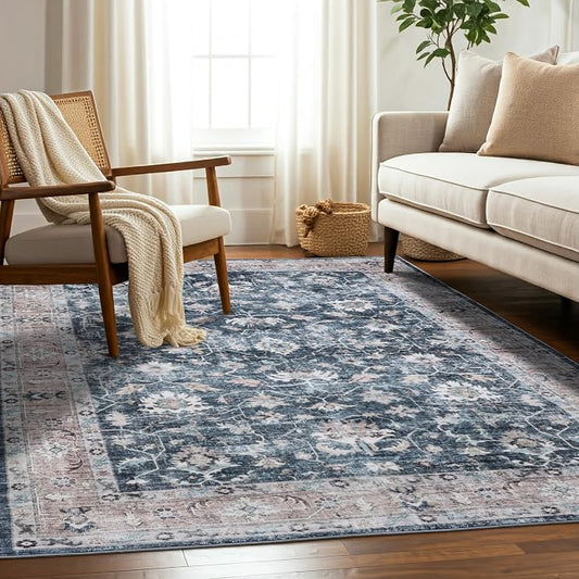 Machine Washable Area Rug, Soft & Durable, Non-Slip, Stain Resistant Rug for Bedroom, Living & Dining Room, High Traffic Areas (Indigo Bloom, 9' X 12')