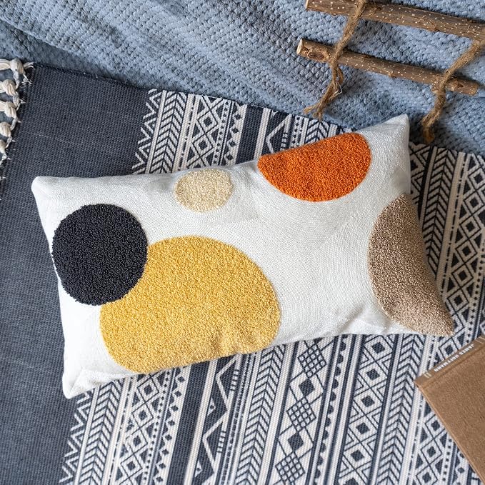 Lumbar Throw Pillow Cover, Boho Tufted Mid Century Rectangle Pillowcase for Modern Bedroom Living Room, Abstract Textured Cushion Sham, 12x20 inch, 1PCS (Yellow Orange)