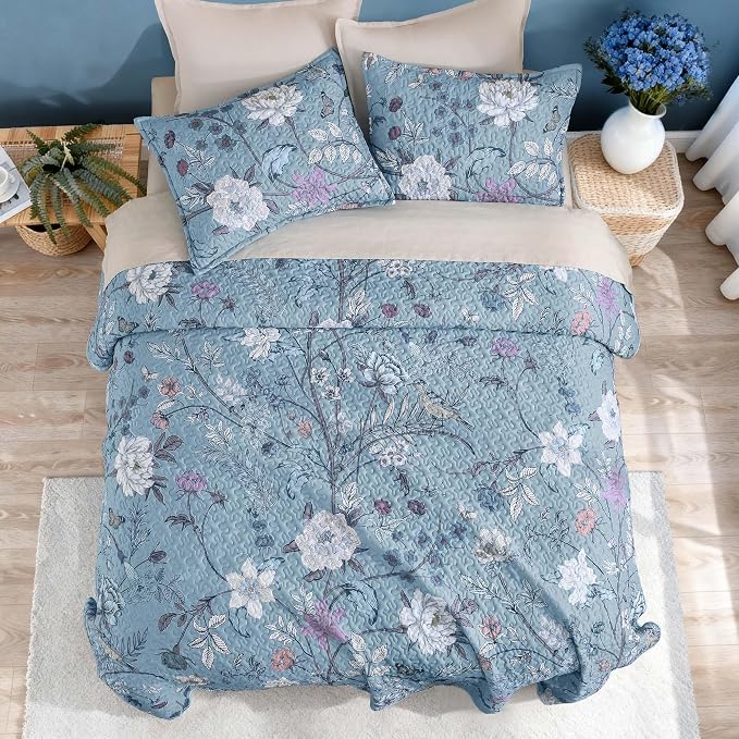 Litanika Floral Light Blue Quilt King - 3Pcs Botanical Birds Bedding Set | Bedspread Summer Lightweight Soft Coverlet with White Flower for All Seasons(106"x96")