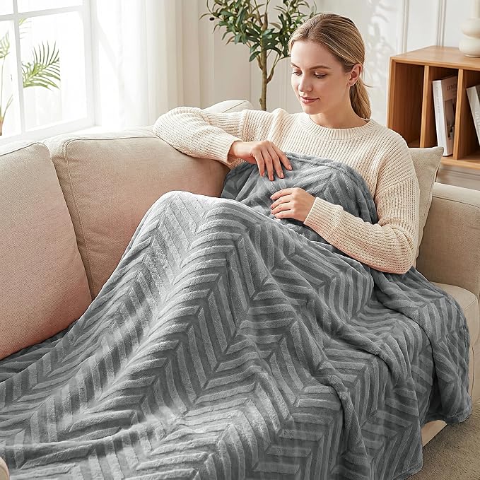 Whale Flotilla Flannel Fleece Throw Blanket for Couch, Silver Grey | Lightweight Breathable Soft Sofa Throws, Plush Fluffy Chevron Design Decorative Blankets for All Season, 50x60 Inch