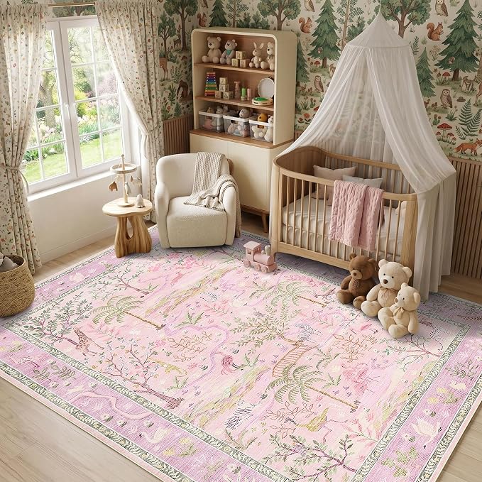 Washable Area Rug 5x7 Purple Animal Print Rugs for Nursery Non Slip Stain Resistant Forest Fairy Tale Throw Carpet Low Pile Whimsical Safari Area Rugs for Entryway Girls Bedroom Dining Room, Lavender