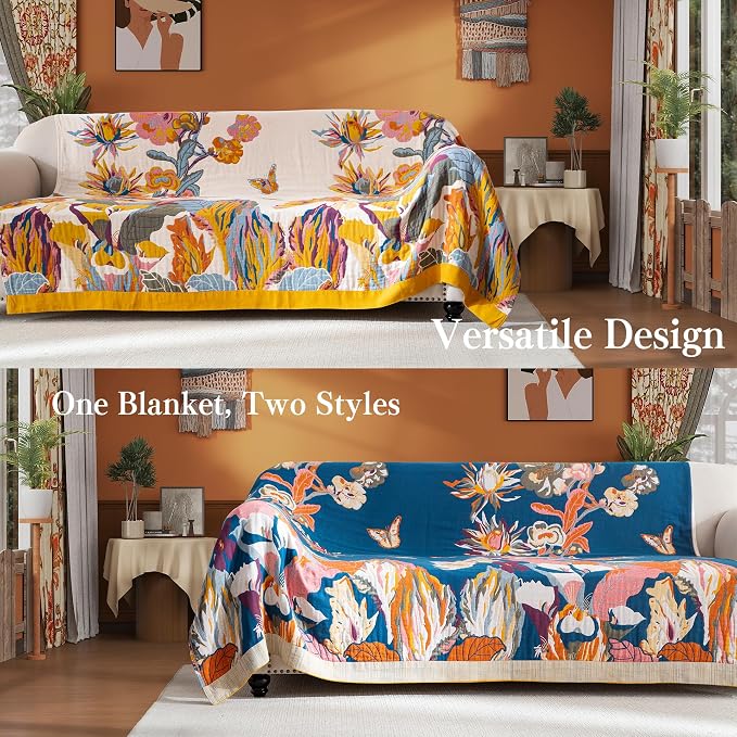 Phuryllic Boho Throw Blanket Throw Size, Soft Cozy Cotton Muslin Quilt Blanket for Bed Decor, Floral Patterned Couch Sofa Chair Cover, Vintage Farmhouse Cottage Tapestry Woven Blanket, Yellow&Blue