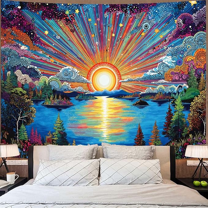 Zussun Hippie Sun Tapestry Boho Vintage Sunrise Nature Tree Lake Wall Tapestry for Bedroom Aesthetic Colorful Landscape Large Tapestries Wall Hanging for Dorm Living Room Decor 80 x 60 Inch