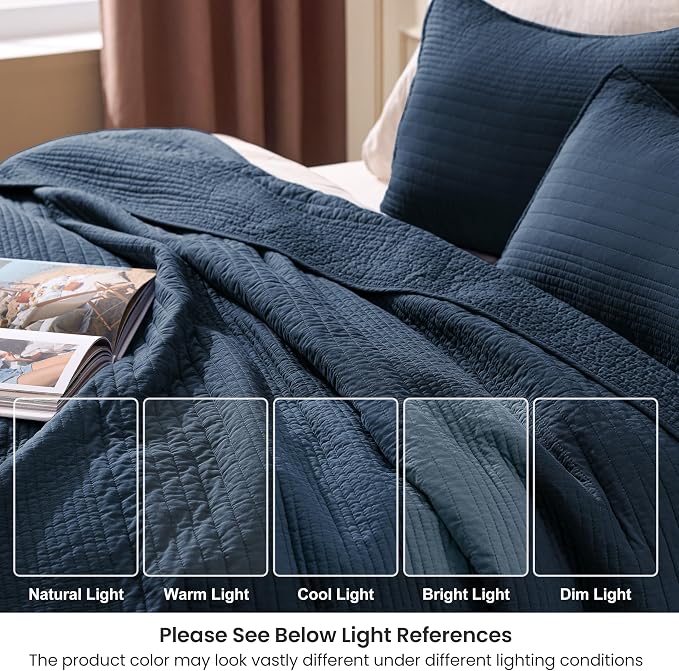 Love's cabin King Size Cotton Quilt Set, 100% Cotton Fabric Striped Textured Coverlet with Crinkled Look, Lightweight Quilted Bedspread for All Season, Includes 2 Pillow Shams, Navy