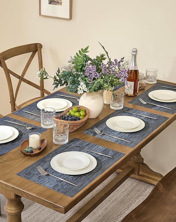 Leetaltree Denim Blue Placemats Set of 12 - Heat Resistant Non-Slip Place mats for Dining Table, Washable Durable PVC Vinyl Woven Table Mats（Denim Blue, 12）
