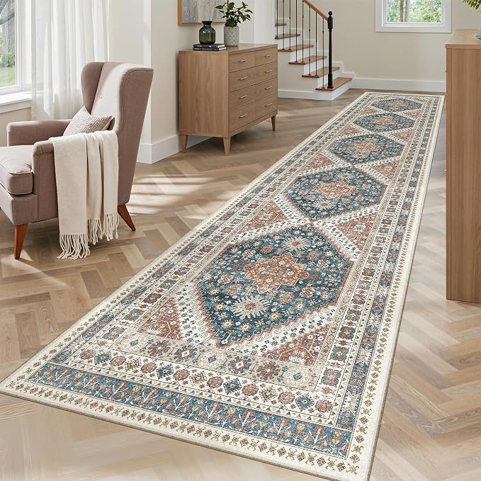 Madane Hallway Runner Rug 2'6''x12' Kitchen Runners Vintage, Navy Blue | Non-Slip Washable Rugs 12ft for Laundry Room, Entryway and Bedroom, Soft Low Pile Stain-Resistant Wide 2.5x12 Ft Floor Carpet