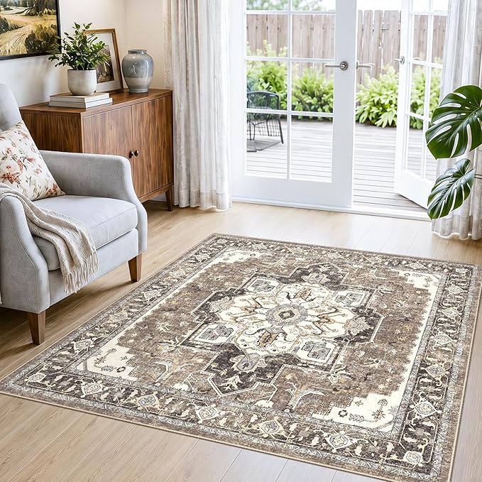 Washable 4x4 Square Area Rug: Indoor Vintage Non-Slip Kitchen Rugs with Rubber Backing for Bedroom Entryway Soft Thin Stain Resistant Carpet Home Decor Floor Mat for Dining Room Bathroom (Beige,4x4)