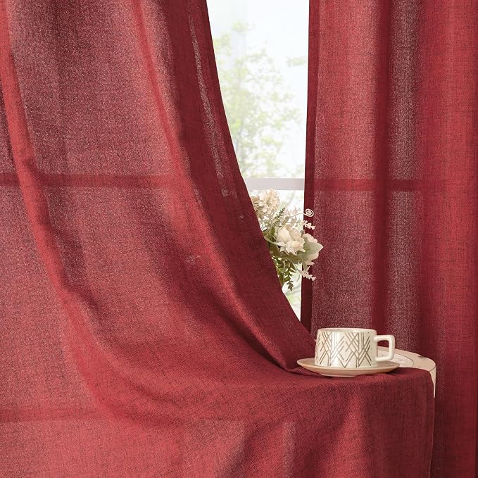 YoungsTex Burgundy Red Linen Curtains 90 Inch Length for Living Room, Light Filtering Drapes with Bronze Grommet Privacy for Dining Bedroom, 52 x 90 Inch, 2 Panels