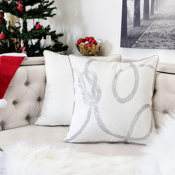 Embroidery White Velvet Throw Pillow Cover, Merry Christmas Series Gift Knot Luxury Soft Fuzzy Cozy Warm Slik Gift Square Couch Cushion Pillow Case 20 x 20 Inch, Cover Only