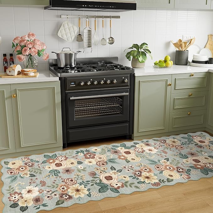 DUKINO 2x10 Runner Rug for Hallway, Washable Kitchen Rugs, Sage Green | Non Slip, Low Pile, Soft Floral Throw Carpet Runner for Entryway, Bedroom, Bathroom, Laundry, Pet Friendly, Modern Home Decor