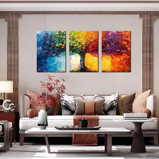 HUBOSKN Tree Art Pictures for Wall in Living Room - Colorful Canvas Wall Art for Bedroom - 3 Piece Wall Decor Size 16" x 24"