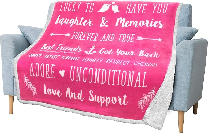 PAVILIA Best Friend Blanket - Friendship Gifts for Women, Soul Sister & Long Distance Bestie Gift, Soft Cozy Sherpa Throw with Sentimental Quotes, BFF Birthday Gift Idea, Pink