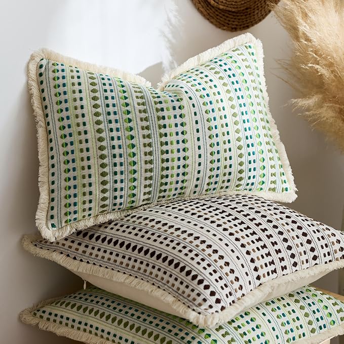 Embroidered Throw Pillow Cover Set of 2, Spring Summer Boho Farmhouse Decorative Pillow Case with Tassels, Textured Cushion Cases for Sofa Living Room Home Decor (Dark Brown, 12" x 20")