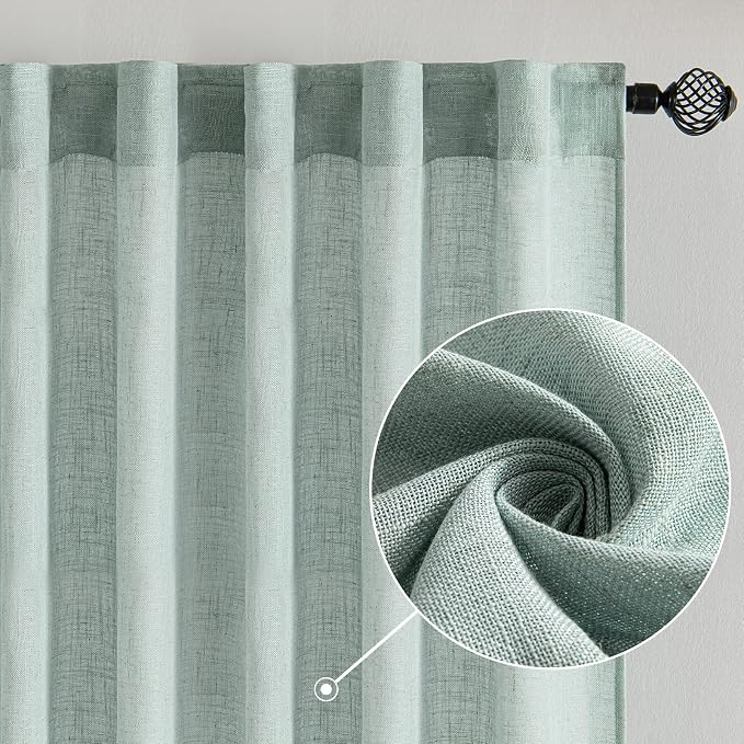 MIULEE Sea Green Linen Curtains 52x72 Inch for Bedroom Living Room 2 Panels | Soft Thick Linen Textured Window Drapes,Semi Sheer Light Filtering,Back Tab Rod Pocket,Burlap Look Aqua Decor