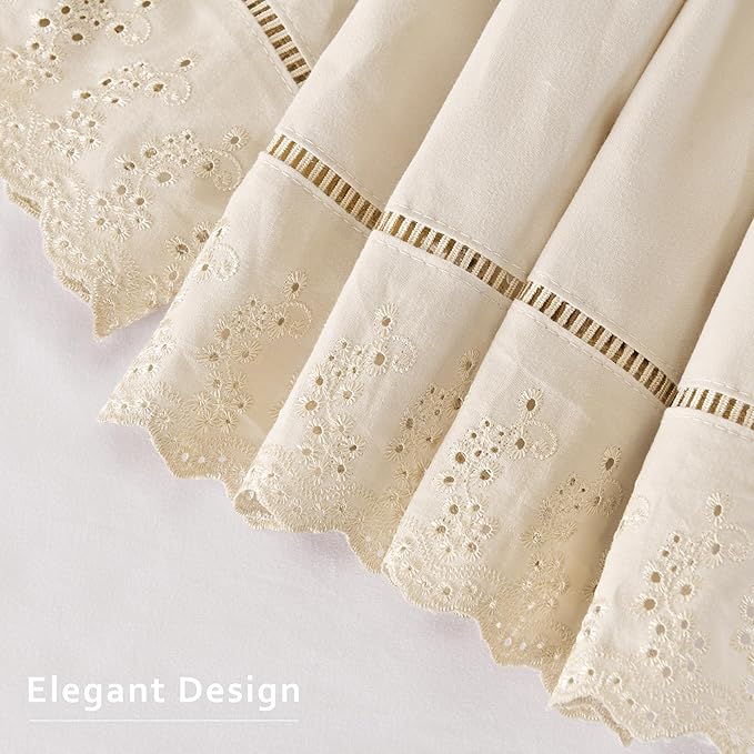 MIYE Wrap Around Ruffled Lace Bed Skirt, Elastic Dust Ruffle with Adjustable Belts, Easy to Put On, Bed Frame Cover, Machine Washable (Embroidered/Light Beige, King/Queen-18 Drop)