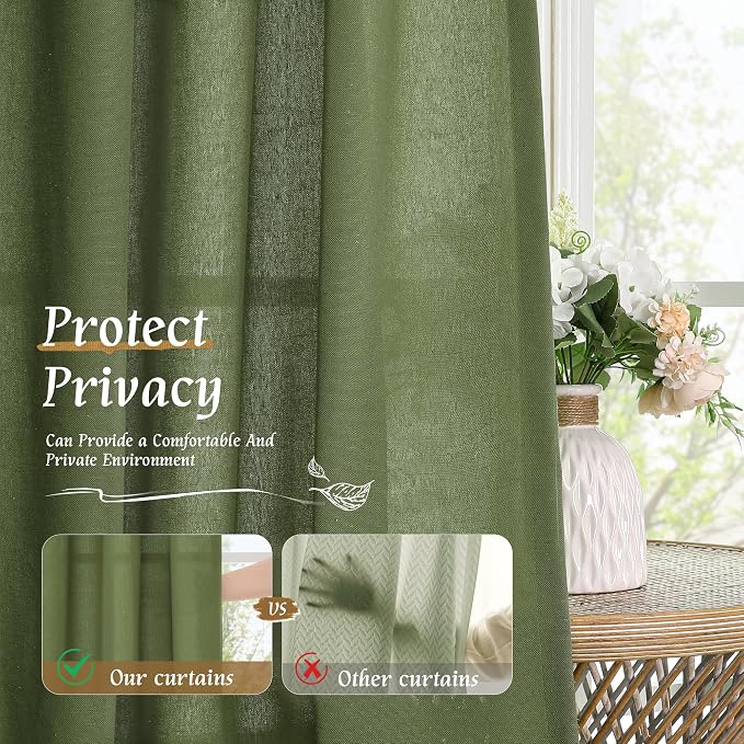 Olive Green Semi Sheer Linen Curtains 72 Inch Length for Living Room | Light Filtering, Faux Linen Textured, Neutral, Christmas Panels for Farmhouse, Bedroom, Rod Pocket, 2 Panels, 52 x 72 Inch