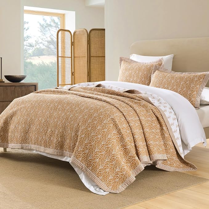 SahSahCasa Quilt Set King Size, 100% Cotton Quilt Bedding Set Bedspread, Botanical Pattern Solid Color Chic Lightweight Quilted Comforter for King Bed, White/Caramel, All Season, 3pcs