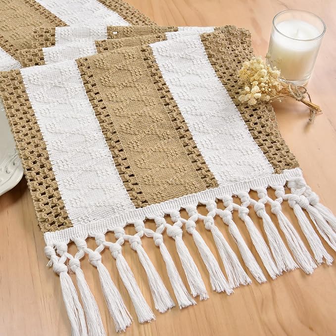 FEXIA Boho Table Runner with Tassels Brown for Fall Home Decor 12x72 Inch | Farmhouse Rustic Table Runner Macrame Burlap Woven Dinning Decoration for Living Room Bridal Shower decorations