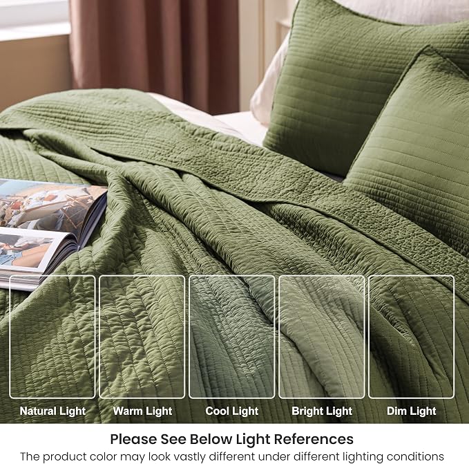 Love's cabin King Size Cotton Quilt Set, 100% Cotton Fabric Striped Textured Coverlet with Crinkled Look, Lightweight Quilted Bedspread for All Season, Includes 2 Pillow Shams, Olive Green