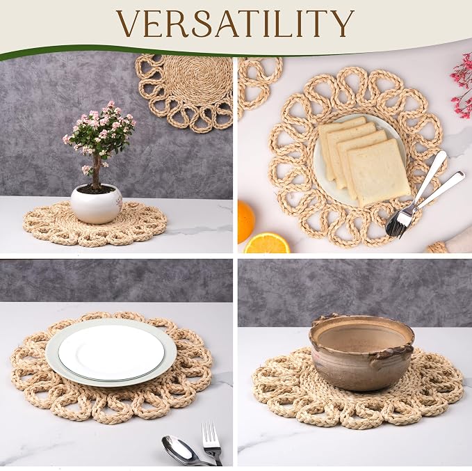 13.8" Corn Husk Woven Round Placemats Set of 6 - Wicker Boho Farmhouse Placemats - Rattan Table Mats Like Water Hyacinth for Dining Table, Wedding, Home