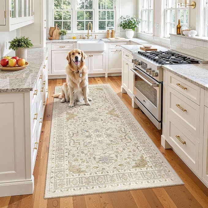 Madane Washable Runner Rug 3x6 Runners for Hallways Non Slip, Beige/Blue | Vintage Stain-Resistant 6 Feet Kitchen Rug, Soft Low-Pile Ultra-Thin Floor Carpet Mat for Bathroom Laundry Room Bedroom 2x6ft