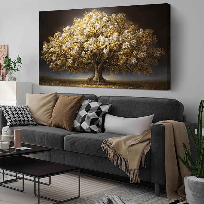 DNIEOTU Large Tree Wall Art for Living Room, White Flower and Gold Leaves Canvas Wall-Decor for Bedroom, Landscape Picture Prints for Hallway Office, Size 59 x 29 Inches